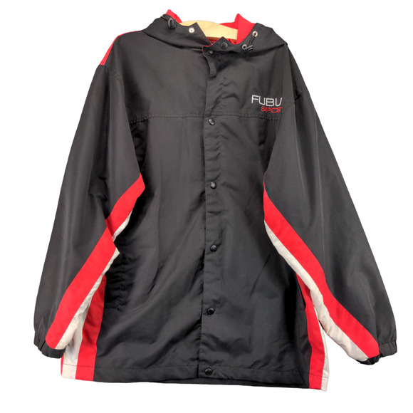 FUBU Sport Mens Snap Button Drawstring Hooded Jacket Black L Vintage - Picture 1 of 13